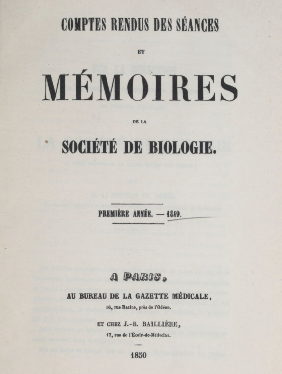 Page de titre des Comptes rendus des séances et Mémoires de la Société de Biologie, première année 1849
