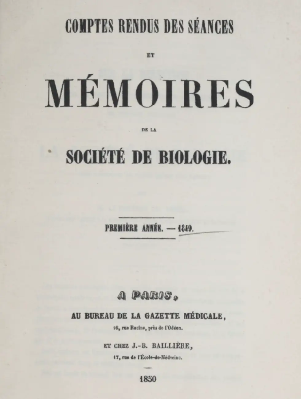 Page de titre des Comptes rendus des séances et Mémoires de la Société de Biologie, première année 1849
