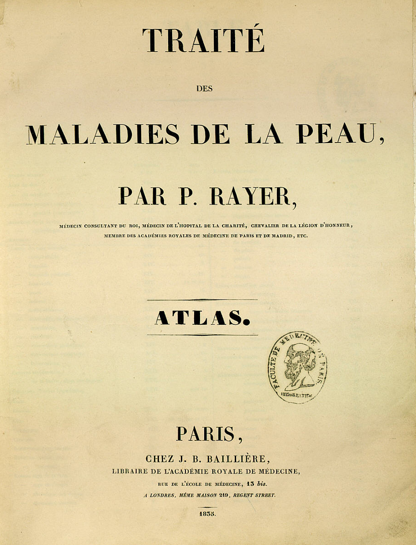 Page de titre de l’Atlas du Traité des maladies de la peau de Pierre Rayer