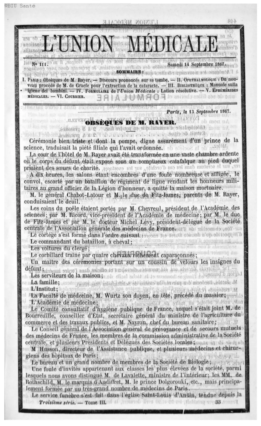 L’Union médicale du 14 septembre 1867, début du compte rendu des obsèques de Pierre Rayer