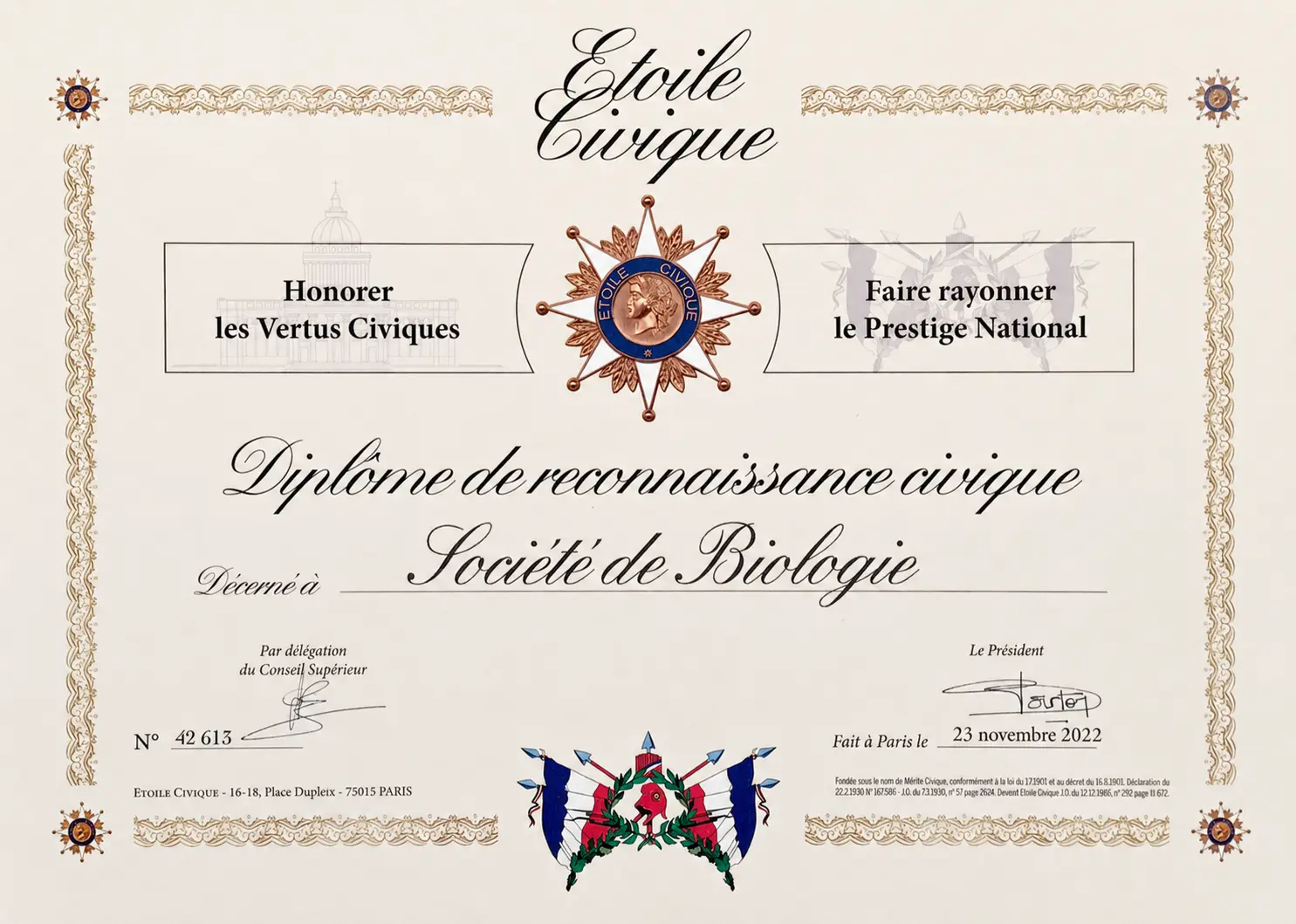 Diplôme de reconnaissance civique Étoile civique décerné à la Société de Biologie le 23 novembre 2022