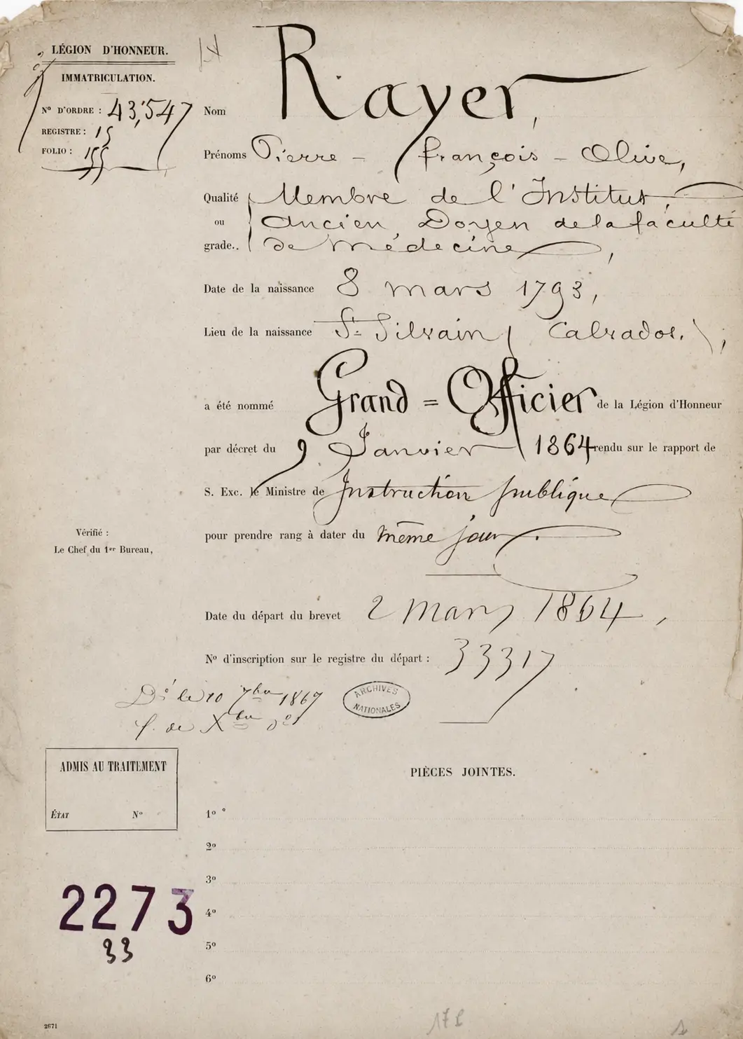 Fiche matricule de Pierre Rayer nommé grand officier de la Légion d’honneur par décret du 2 janvier 1864