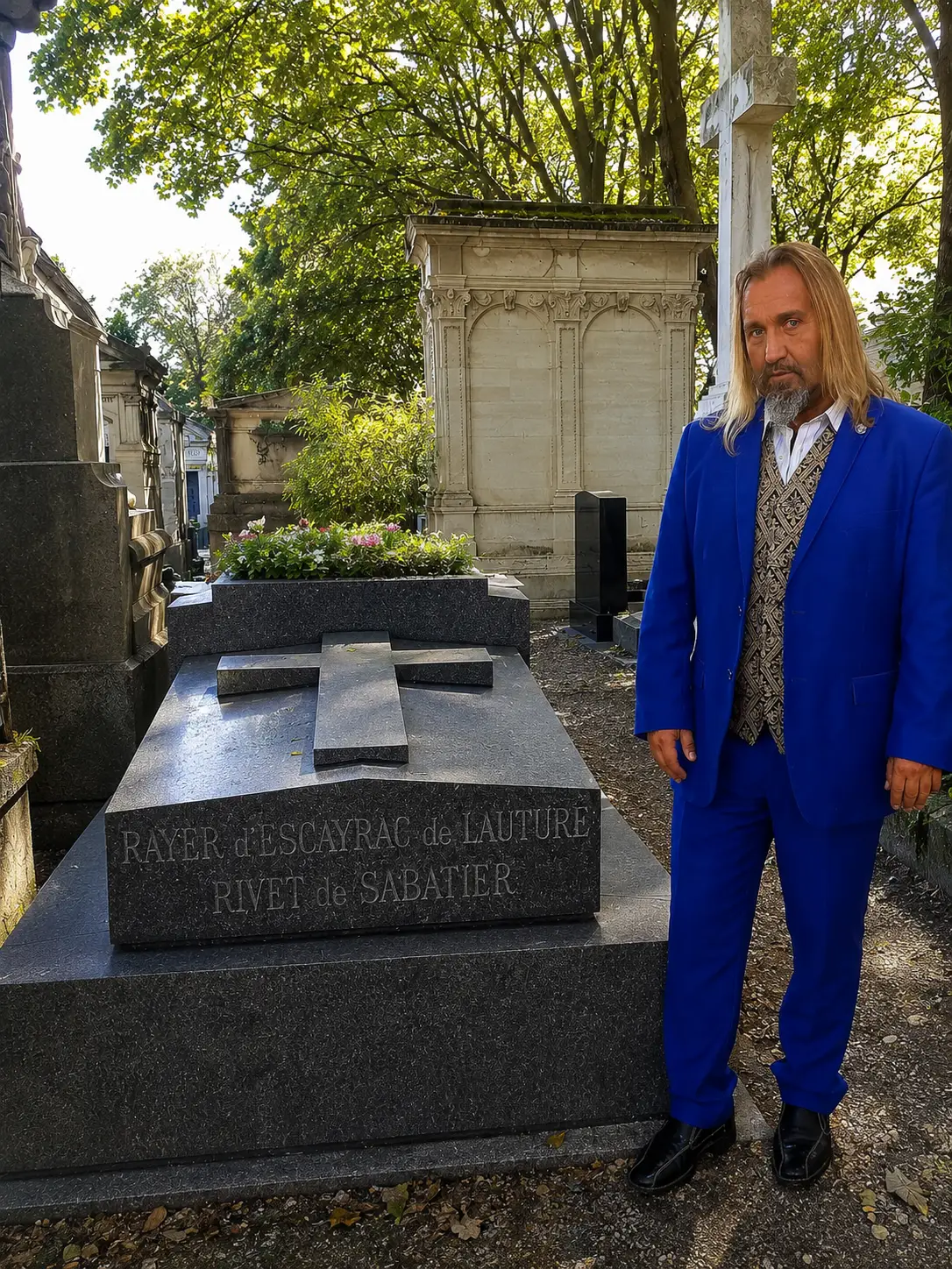 Thierry Rayer devant la tombe portant l’inscription Rayer d’Escayrac de Lauture – Rivet de Sabatier