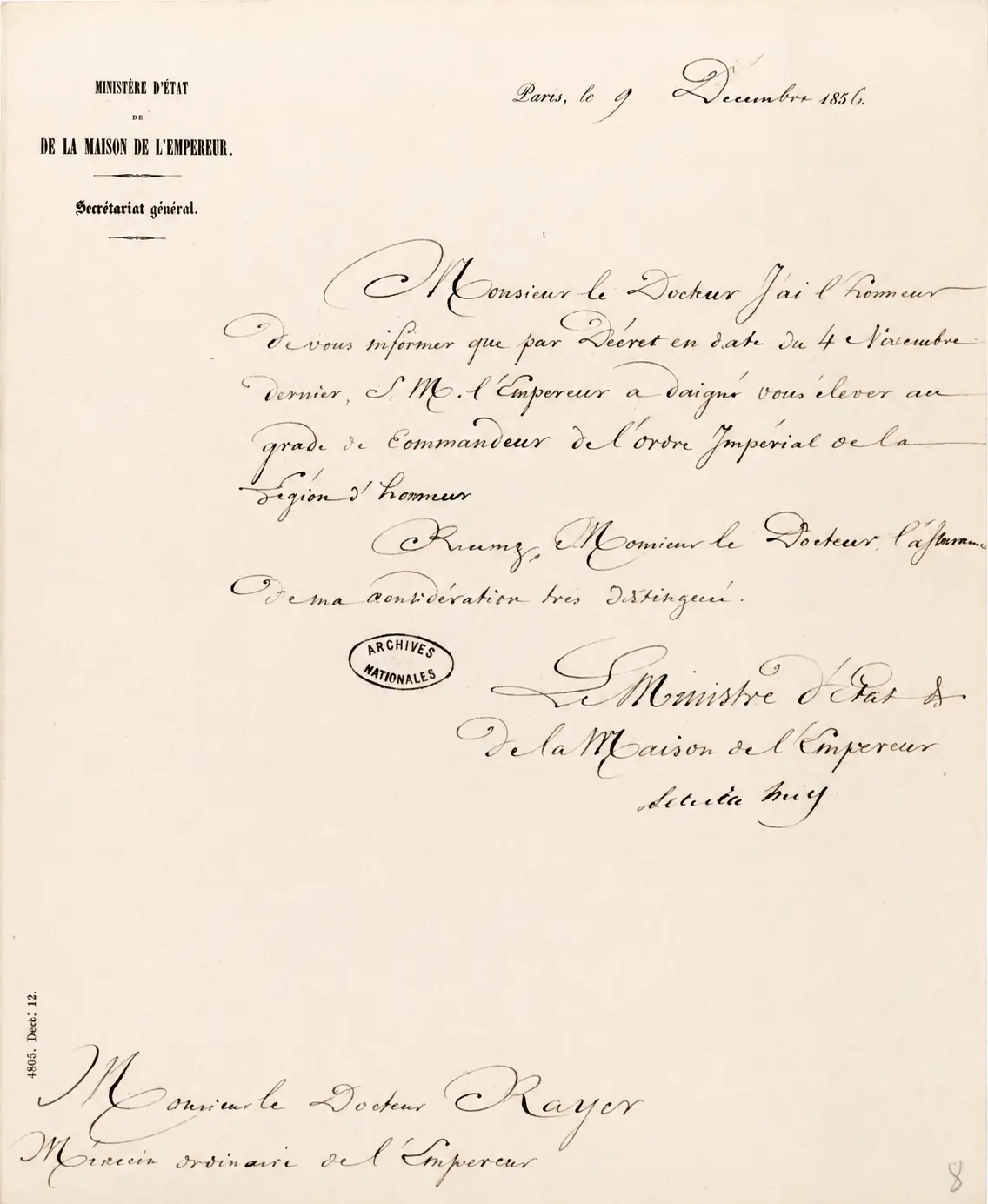 Lettre du ministère d’État annonçant à Pierre Rayer sa promotion au grade de commandeur de la Légion d’honneur en 1856